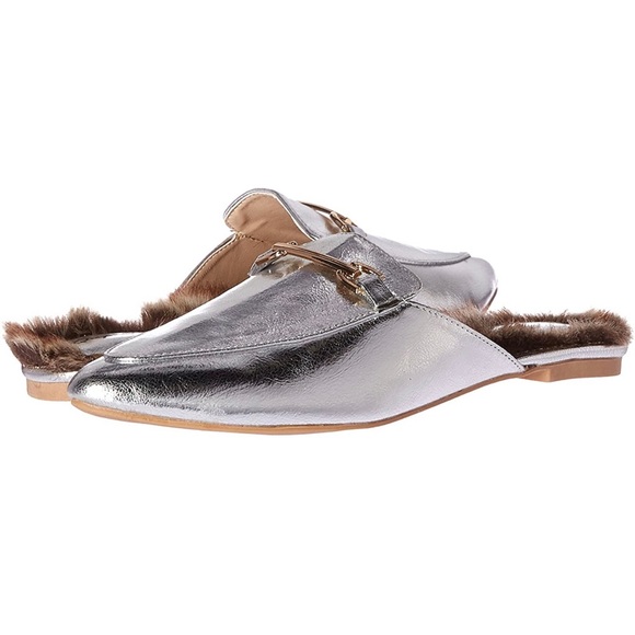 NEW Qupid Fur Silver Metallic Pointed Mules Loafers Flats - Picture 7 of 11